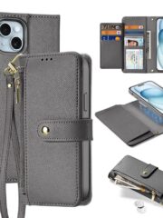 DUX DUCIS Lawa Series for iPhone 15 Case Detachable Zipper Wallet Cowhide Leather Cover | Compatible with MagSafe Grey iPhone 15 by The Case Factory