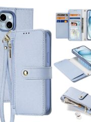 DUX DUCIS Lawa Series for iPhone 15 Case Detachable Zipper Wallet Cowhide Leather Cover | Compatible with MagSafe Light Blue iPhone 15 by The Case Factory