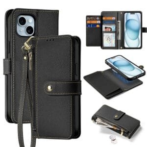 DUX DUCIS Lawa Series for iPhone 15 Plus Case Detachable Zipper Wallet Cowhide Leather Cover | Compatible with MagSafe Black iPhone 15 Plus by The Case Factory