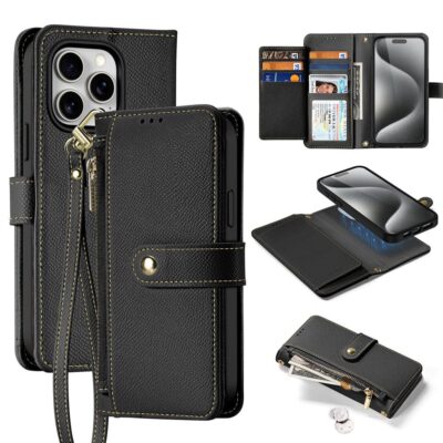 DUX DUCIS Lawa Series for iPhone 15 Pro Case Detachable Zipper Wallet Cowhide Leather Cover | Compatible with MagSafe Black iPhone 15 Pro by The Case Factory