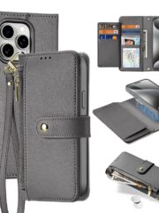 DUX DUCIS Lawa Series for iPhone 15 Pro Max Case Detachable Zipper Wallet Cowhide Leather Cover | Compatible with MagSafe Grey iPhone 15 Pro Max by The Case Factory