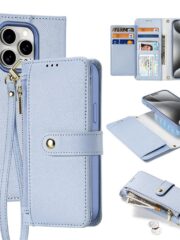 DUX DUCIS Lawa Series for iPhone 15 Pro Max Case Detachable Zipper Wallet Cowhide Leather Cover | Compatible with MagSafe Light Blue iPhone 15 Pro Max by The Case Factory