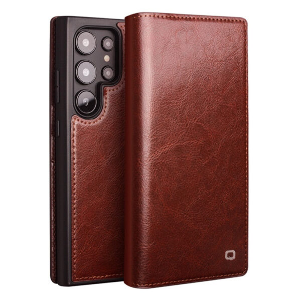 QIALINO For Samsung Galaxy S25 Ultra Wallet Case Waxy Genuine Leather Flip Phone Cover Brown by The Case Factory
