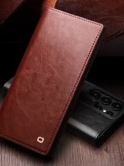 QIALINO For Samsung Galaxy S25 Ultra Wallet Case Waxy Genuine Leather Flip Phone Cover by The Case Factory
