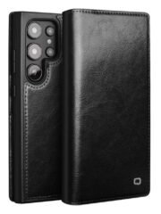 QIALINO For Samsung Galaxy S25 Ultra Wallet Case Waxy Genuine Leather Flip Phone Cover Black by The Case Factory
