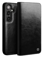 QIALINO For Samsung Galaxy S25+ Wallet Case Waxy Genuine Leather Flip Phone Cover Black Samsung Galaxy S25+ by The Case Factory