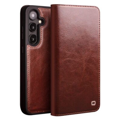 QIALINO For Samsung Galaxy S25 Case Wallet Flip Stand Genuine Leather Phone Cover Brown Samsung Galaxy S25 by The Case Factory