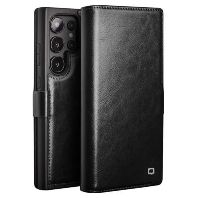 QIALINO For Samsung Galaxy S25 Ultra Wallet Case Genuine Cow Leather Flip Phone Cover with Magnetic Closure Black Samsung Galaxy S25 Ultra by The Case Factory