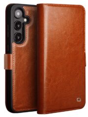QIALINO For Samsung Galaxy S25 Wallet Case Waxy Genuine Leather Magnetic Closure Flip Phone Cover Light Brown Samsung Galaxy S25 by The Case Factory