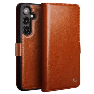 QIALINO For Samsung Galaxy S25 Wallet Case Waxy Genuine Leather Magnetic Closure Flip Phone Cover Light Brown Samsung Galaxy S25 by The Case Factory