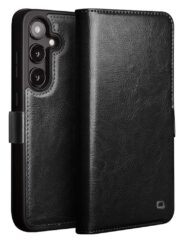 QIALINO For Samsung Galaxy S25 Wallet Case Waxy Genuine Leather Magnetic Closure Flip Phone Cover Black Samsung Galaxy S25 by The Case Factory