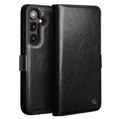 QIALINO For Samsung Galaxy S25 Wallet Case Waxy Genuine Leather Magnetic Closure Flip Phone Cover Black Samsung Galaxy S25 by The Case Factory