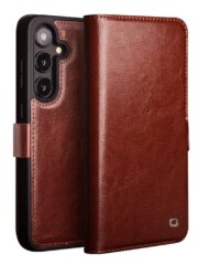 QIALINO For Samsung Galaxy S25 Wallet Case Waxy Genuine Leather Magnetic Closure Flip Phone Cover Brown Samsung Galaxy S25 by The Case Factory