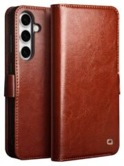 QIALINO For Samsung Galaxy S24 FE Wallet Case Waxy Genuine Cow Leather Flip Phone Cover Brown Samsung Galaxy S24 FE by The Case Factory