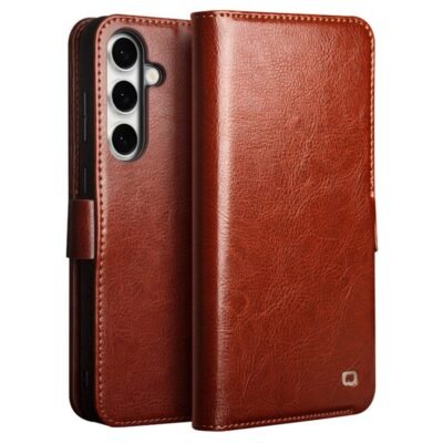 QIALINO For Samsung Galaxy S24 FE Wallet Case Waxy Genuine Cow Leather Flip Phone Cover Brown Samsung Galaxy S24 FE by The Case Factory