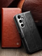 QIALINO For Samsung Galaxy S24 FE Wallet Case Waxy Genuine Cow Leather Flip Phone Cover by The Case Factory