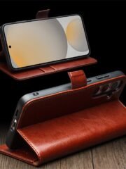 QIALINO For Samsung Galaxy S24 FE Wallet Case Waxy Genuine Cow Leather Flip Phone Cover by The Case Factory