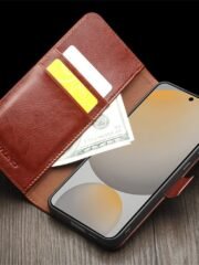 QIALINO For Samsung Galaxy S24 FE Wallet Case Waxy Genuine Cow Leather Flip Phone Cover by The Case Factory