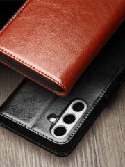 QIALINO For Samsung Galaxy S24 FE Wallet Case Waxy Genuine Cow Leather Flip Phone Cover by The Case Factory