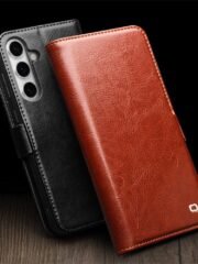 QIALINO For Samsung Galaxy S24 FE Wallet Case Waxy Genuine Cow Leather Flip Phone Cover by The Case Factory