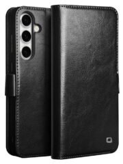 QIALINO For Samsung Galaxy S24 FE Wallet Case Waxy Genuine Cow Leather Flip Phone Cover Black Samsung Galaxy S24 FE by The Case Factory