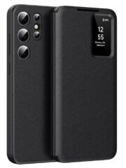 Flip Leather Case For Samsung Galaxy S23 Ultra / S23 Series with Smart View Window and Card Slot Phone Cover Black by The Case Factory