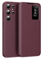 Flip Leather Case For Samsung Galaxy S23 Ultra / S23 Series with Smart View Window and Card Slot Phone Cover Wine Red by The Case Factory