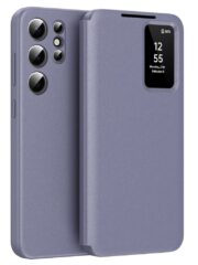 Flip Leather Case For Samsung Galaxy S23 Ultra / S23 Series with Smart View Window and Card Slot Phone Cover Grey Purple by The Case Factory