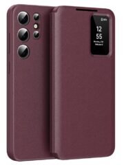 Flip Leather Case For Samsung Galaxy S22 Ultra / S22 Series with Smart View Window and Card Slot Phone Cover Wine Red by The Case Factory