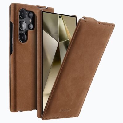 MELKCO For Samsung Galaxy S25 Ultra Case Vertical Flip Genuine Leather Phone Cover Brown Samsung Galaxy S25 Ultra by The Case Factory