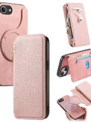 CASENEO For iPhone 16e Case Cross Texture Leather Magnetic Detachable Wallet Phone Cover Pink iPhone 16e by The Case Factory