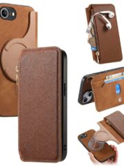 CASENEO For iPhone 16e Case Cross Texture Leather Magnetic Detachable Wallet Phone Cover Brown iPhone 16e by The Case Factory