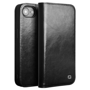 QIALINO For iPhone 16e Case Wallet Stand Genuine Cow Leather Phone Cover Black iPhone 16e by The Case Factory
