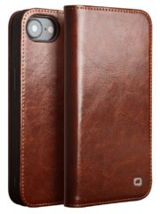 QIALINO For iPhone 16e Case Wallet Stand Genuine Cow Leather Phone Cover Brown iPhone 16e by The Case Factory