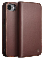 QIALINO For iPhone 16e Stand Case Anti-Drop Genuine Cow Leather Wallet Phone Cover Brown iPhone 16e by The Case Factory