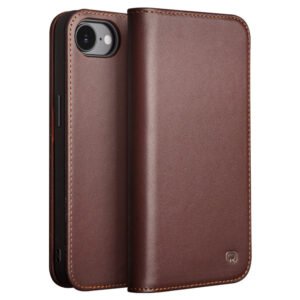 QIALINO For iPhone 16e Stand Case Anti-Drop Genuine Cow Leather Wallet Phone Cover Brown iPhone 16e by The Case Factory