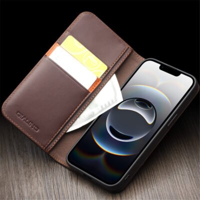 QIALINO For iPhone 16e Stand Case Anti-Drop Genuine Cow Leather Wallet Phone Cover by The Case Factory