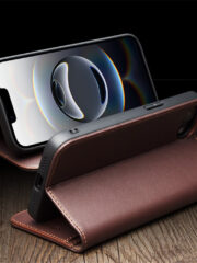 QIALINO For iPhone 16e Stand Case Anti-Drop Genuine Cow Leather Wallet Phone Cover by The Case Factory