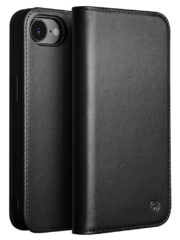 QIALINO For iPhone 16e Stand Case Anti-Drop Genuine Cow Leather Wallet Phone Cover Black iPhone 16e by The Case Factory
