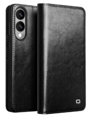 QIALINO For Samsung Galaxy S25 Edge Wallet Case Waxy Genuine Cow Leather Flip Stand Phone Cover Black Samsung Galaxy S25 Edge by The Case Factory