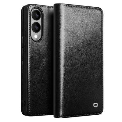 QIALINO For Samsung Galaxy S25 Edge Wallet Case Waxy Genuine Cow Leather Flip Stand Phone Cover Black Samsung Galaxy S25 Edge by The Case Factory