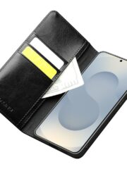 QIALINO For Samsung Galaxy S25 Edge Wallet Case Waxy Genuine Cow Leather Flip Stand Phone Cover by The Case Factory