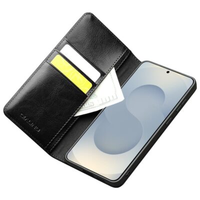 QIALINO For Samsung Galaxy S25 Edge Wallet Case Waxy Genuine Cow Leather Flip Stand Phone Cover by The Case Factory
