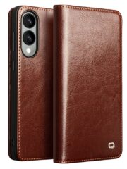 QIALINO For Samsung Galaxy S25 Edge Wallet Case Waxy Genuine Cow Leather Flip Stand Phone Cover Brown Samsung Galaxy S25 Edge by The Case Factory