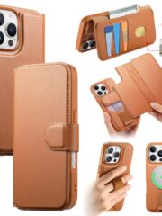CASENEO For iPhone 16 Pro Max Magnetic Case RFID Blocking Wallet Detachable Leather Phone Cover with Wristband Brown iPhone 16 Pro Max by The Case Factory
