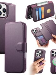 CASENEO For iPhone 16 Pro Max Magnetic Case RFID Blocking Wallet Detachable Leather Phone Cover with Wristband Purple iPhone 16 Pro Max by The Case Factory