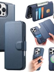 CASENEO For iPhone 16 Pro Max Magnetic Case RFID Blocking Wallet Detachable Leather Phone Cover with Wristband Blue iPhone 16 Pro Max by The Case Factory