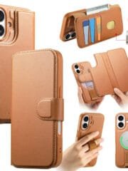 CASENEO For iPhone 16 Magnetic Case RFID Blocking Wallet Detachable Leather Phone Cover with Wristband Brown iPhone 16 by The Case Factory