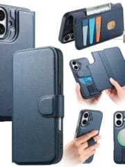 CASENEO For iPhone 16 Magnetic Case RFID Blocking Wallet Detachable Leather Phone Cover with Wristband Blue iPhone 16 by The Case Factory