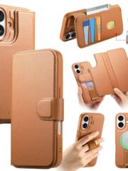 CASENEO For iPhone 16 Plus Magnetic Case RFID Blocking Wallet Detachable Leather Phone Cover with Wristband Brown iPhone 16 Plus by The Case Factory